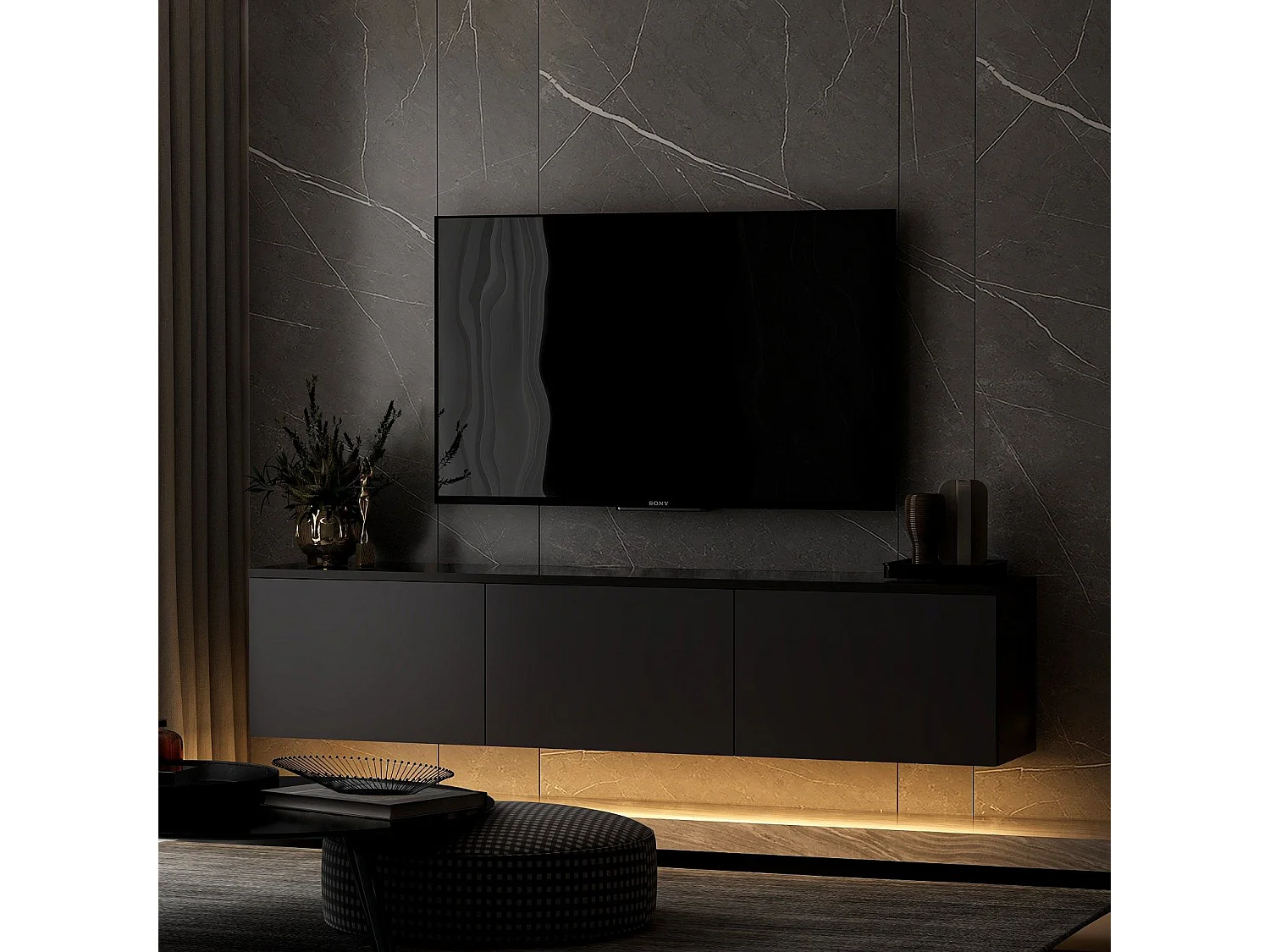 Meuble TV suspendu Ruxta L160cm Anthracite et Noir effet marbre