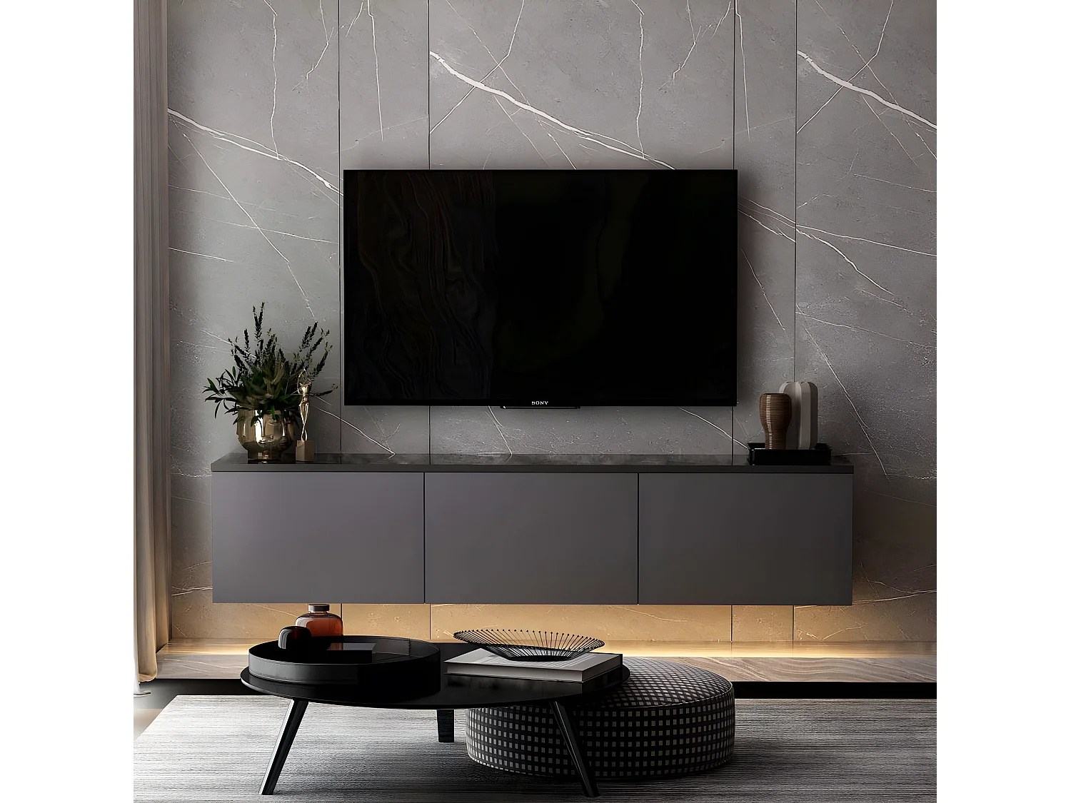 Meuble TV suspendu Ruxta L160cm Anthracite et Noir effet marbre
