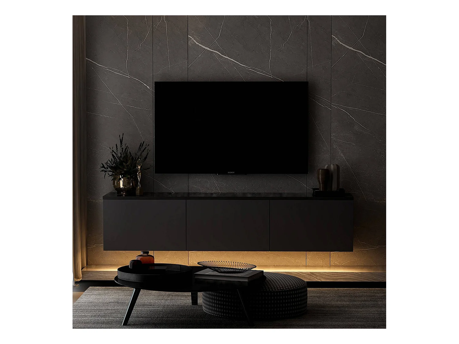 Meuble TV suspendu Ruxta L160cm Anthracite et Noir effet marbre