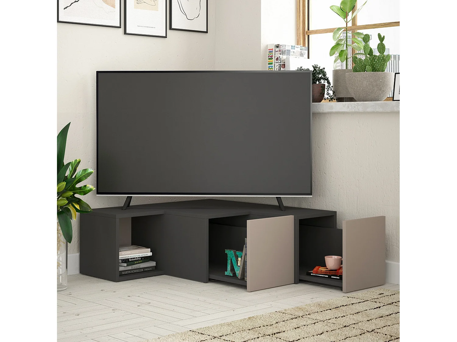Eck-TV-Möbel mit 2 Schubladen und 1 Nische L90 cm - Compact
