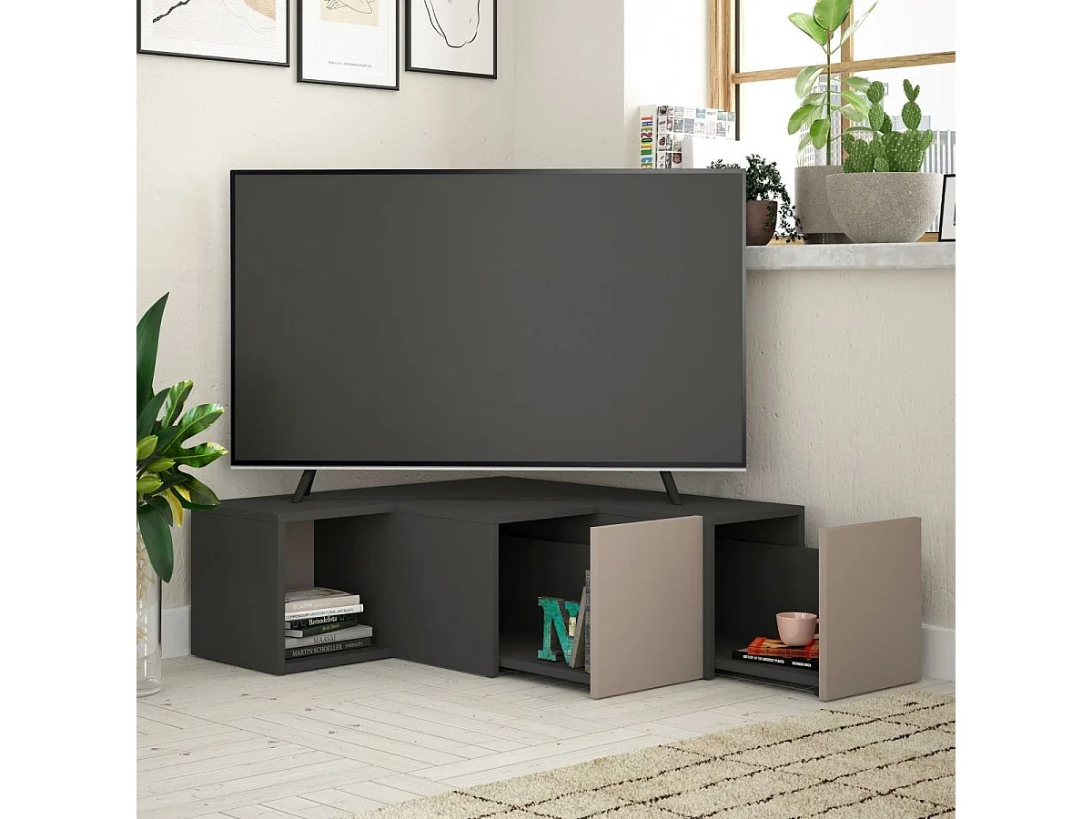 Meuble TV d'angle 2 tiroirs et 1 niche L90 cm - Compact