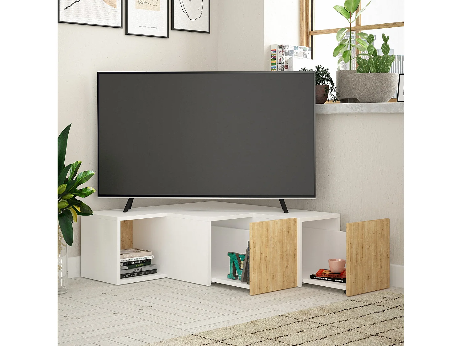 Mueble de TV de esquina con 2 cajones y 1 estante L90 cm - Compact