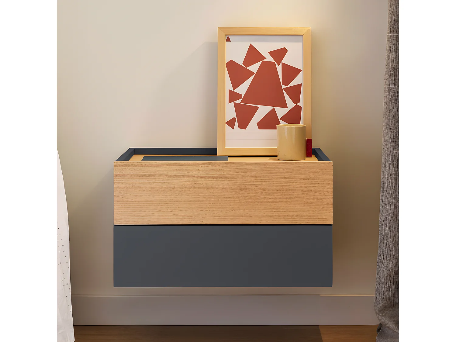 Otto - Table de chevet murale 2 tiroirs en bois - Gris anthracite