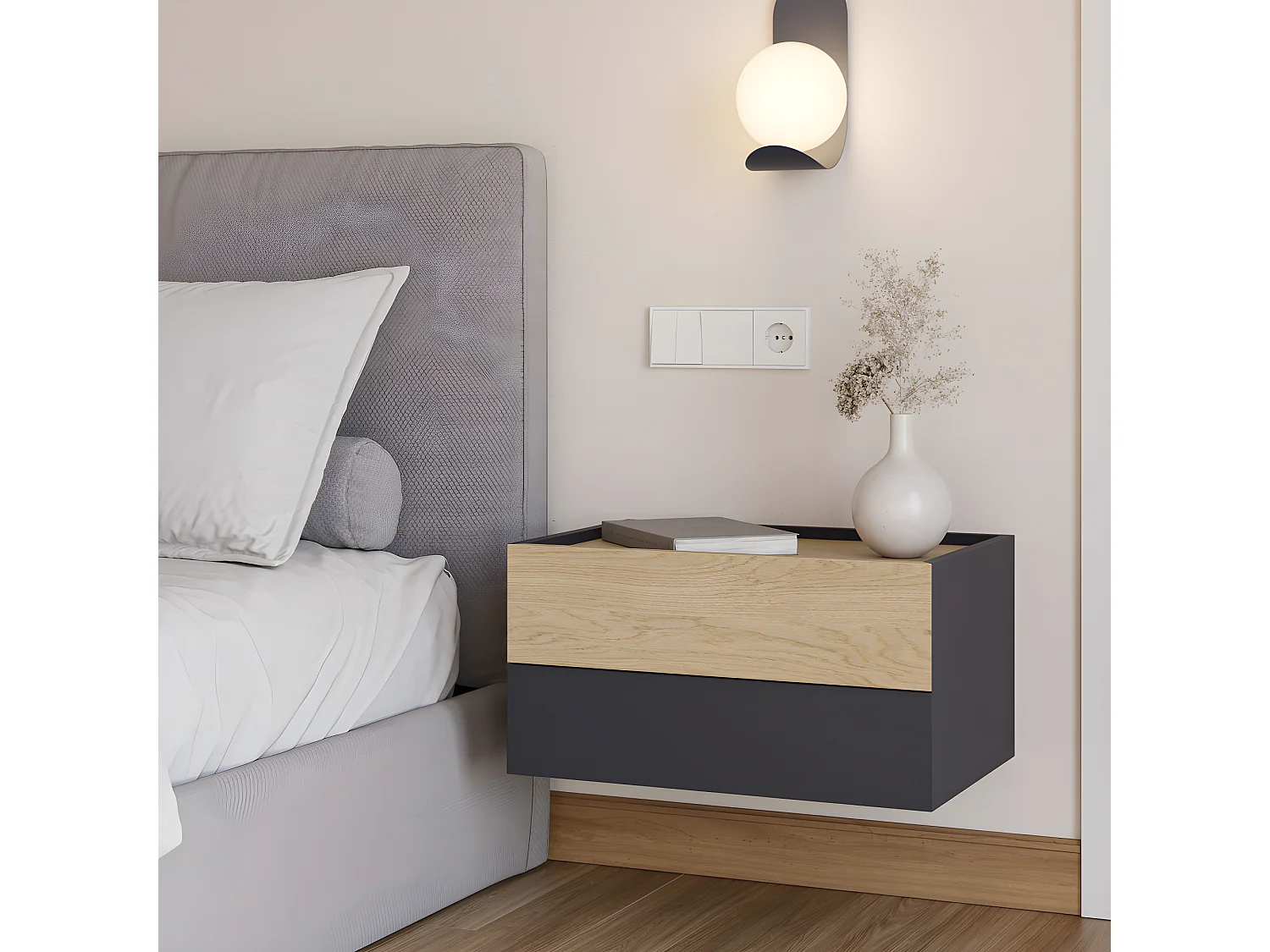 Otto - Table de chevet murale 2 tiroirs en bois - Gris anthracite