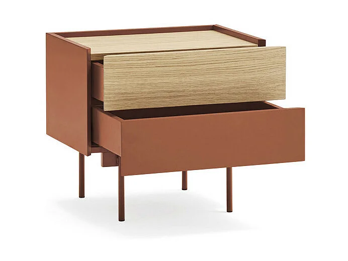 Otto - Table de chevet 2 tiroirs en bois - Rouge brique