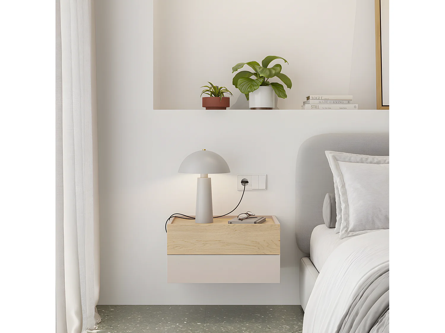 Otto - Table de chevet murale 2 tiroirs en bois - Beige