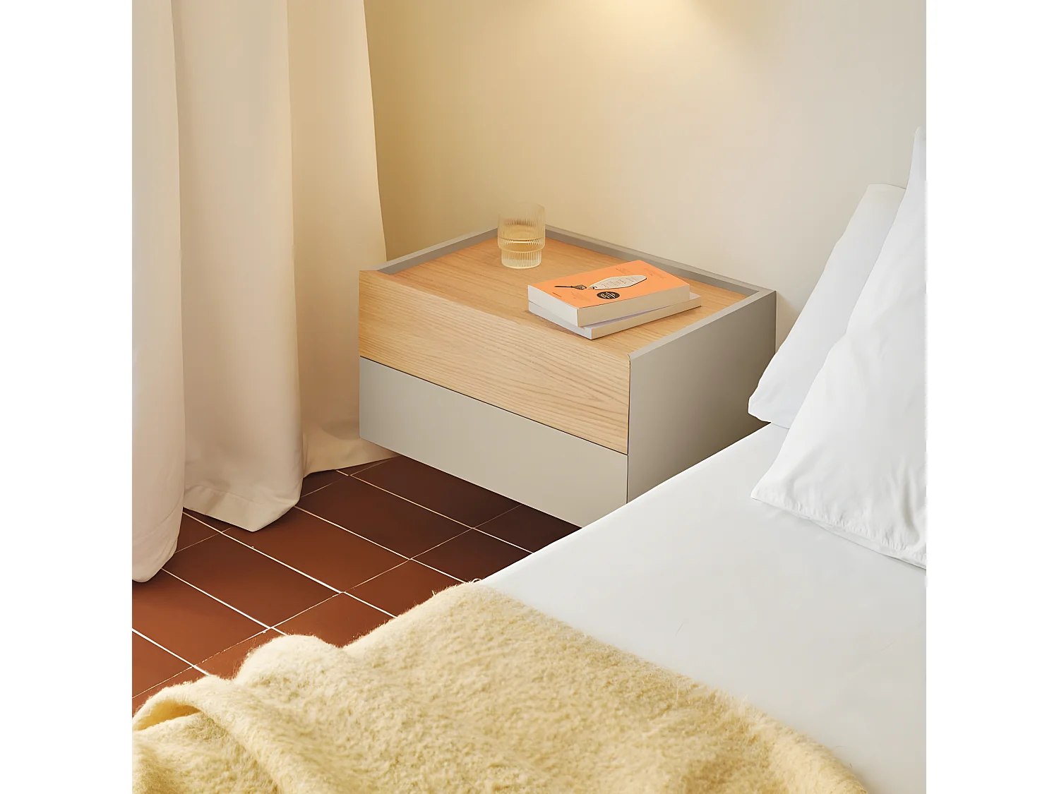 Otto - Table de chevet murale 2 tiroirs en bois - Beige