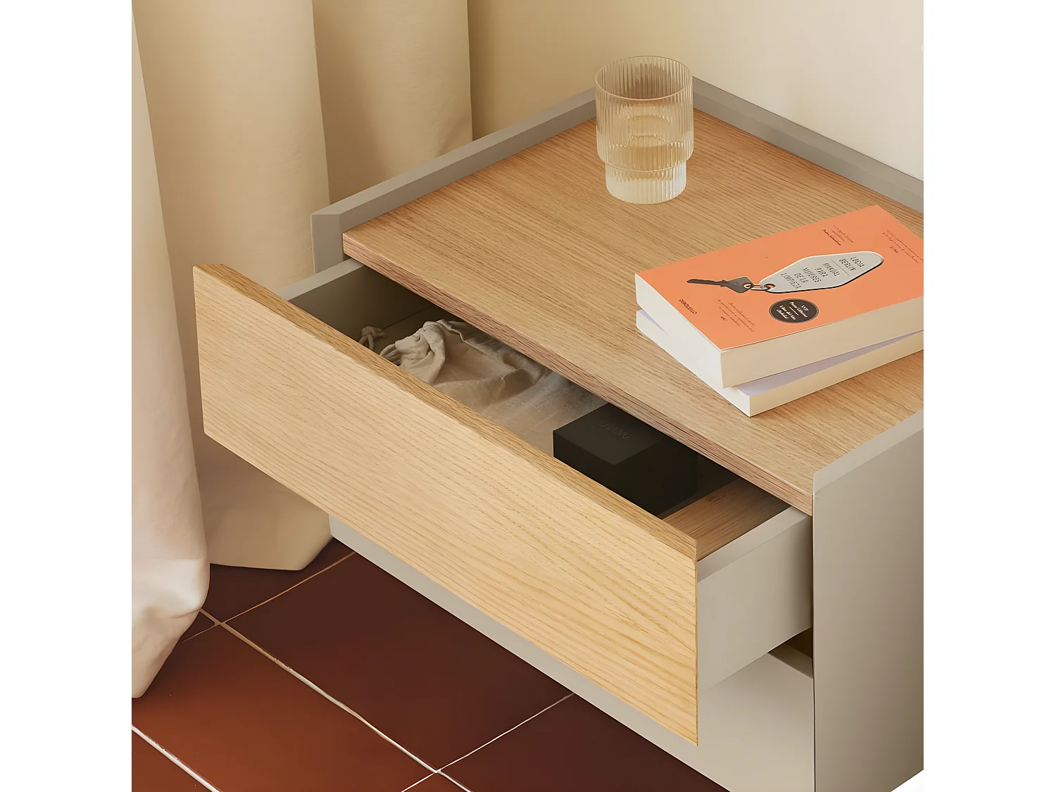 Otto - Table de chevet murale 2 tiroirs en bois - Beige