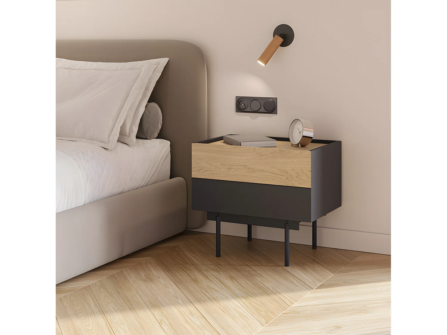 Otto - Table de chevet 2 tiroirs en bois - Gris anthracite