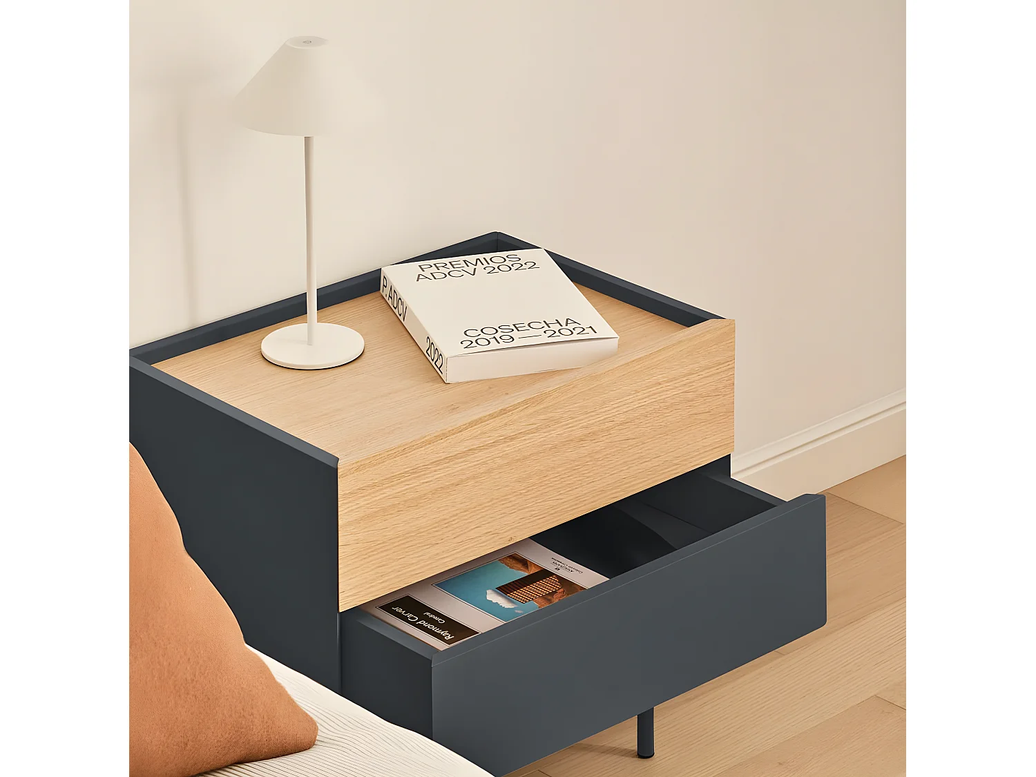 Otto - Table de chevet 2 tiroirs en bois - Gris anthracite