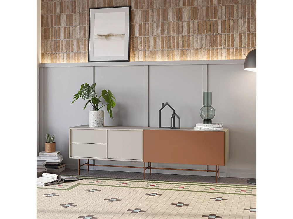 Meubel TV 2 deuren en 2 laden pied-de-poule laqué sable 180x56 cm