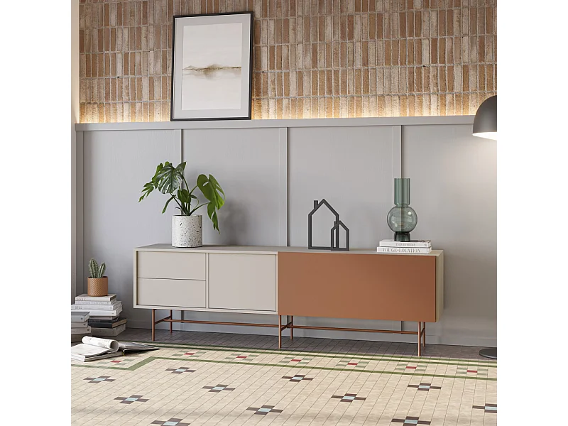 Meubel TV 2 deuren en 2 laden pied-de-poule laqué sable 180x56 cm