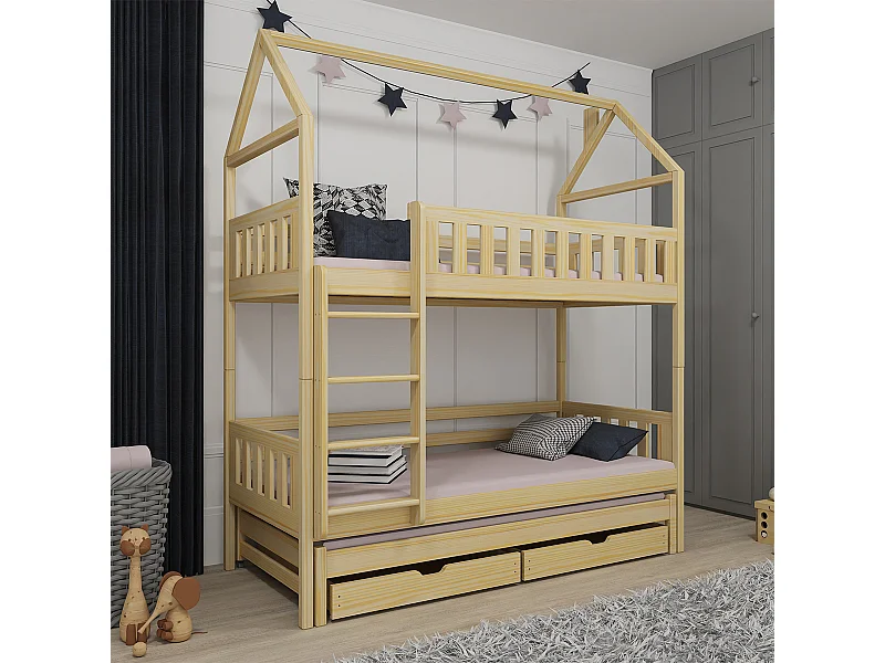 Lit cabane superposé 90x190 sommiers lit gigogne et tiroirs Jeremy Bois