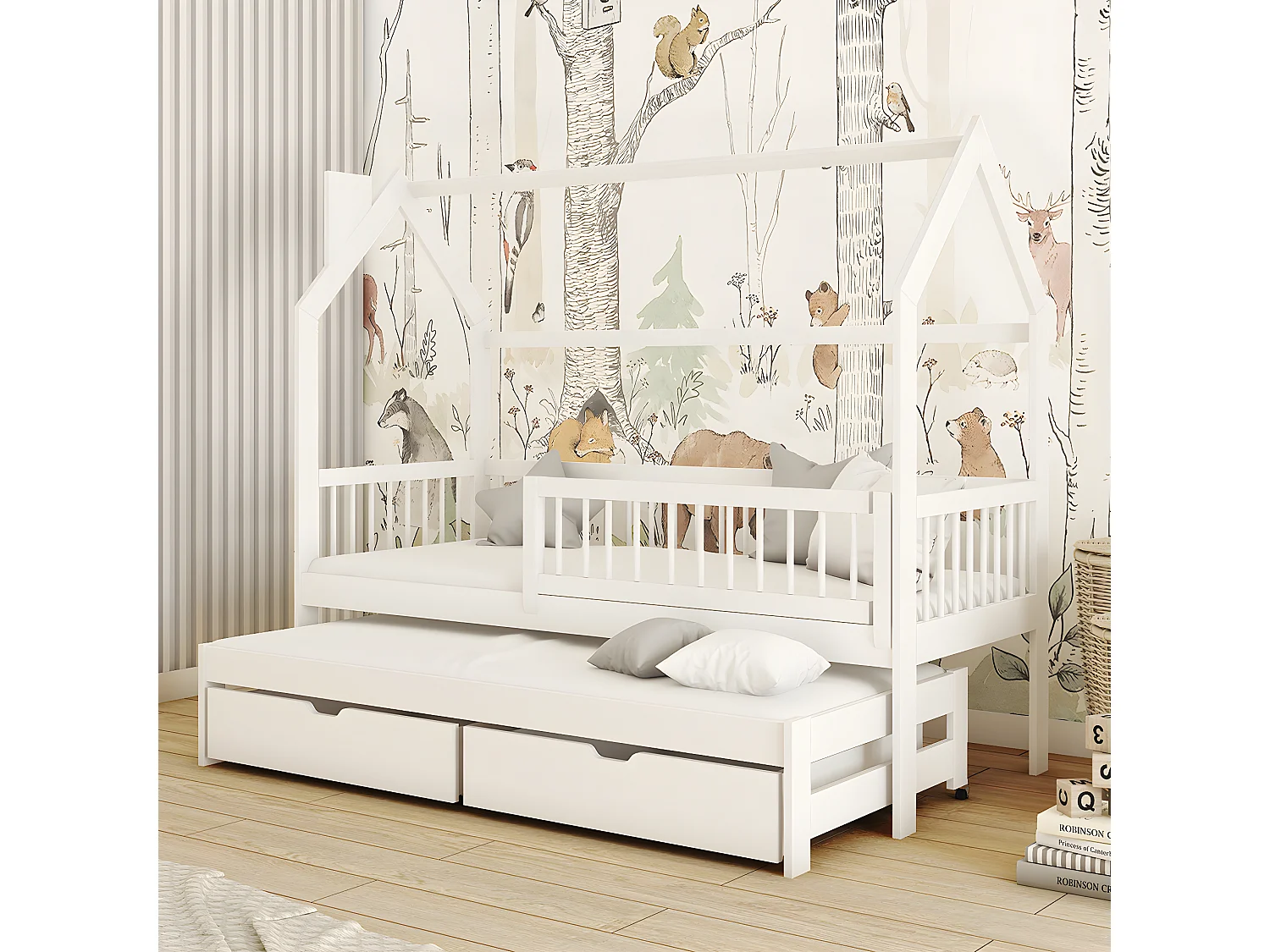 Lit cabane 90x200 sommiers lit gigogne et tiroirs Lino Blanc