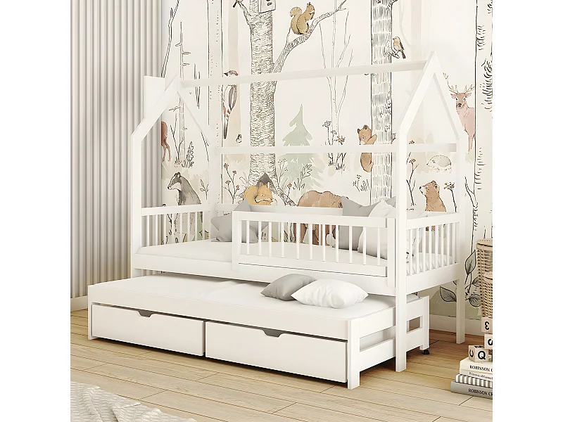 Lit cabane 90x200 sommiers lit gigogne et tiroirs Lino Blanc