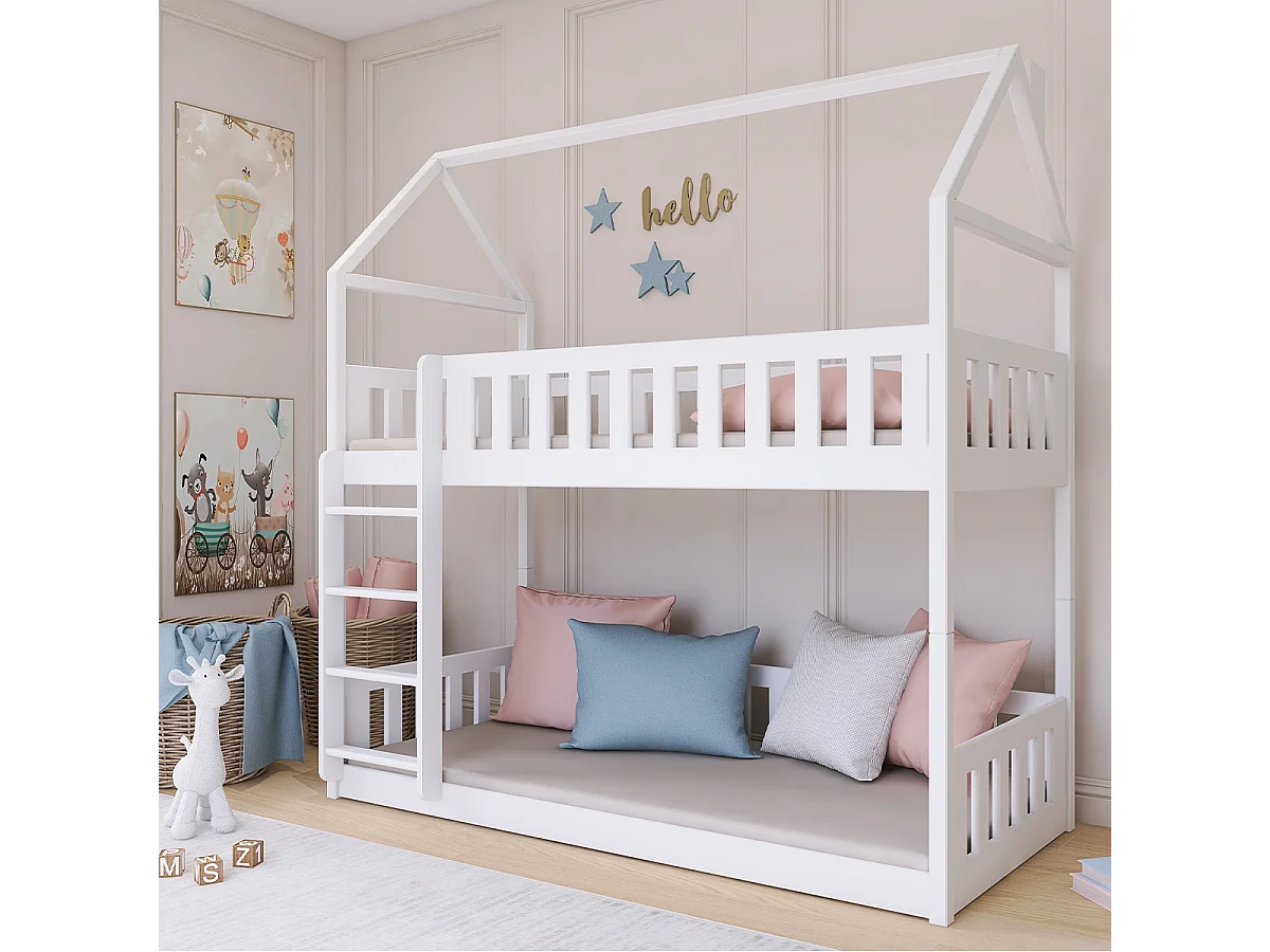 Lit cabane superposé 90x190 au sol sommiers inclus Mathias Blanc