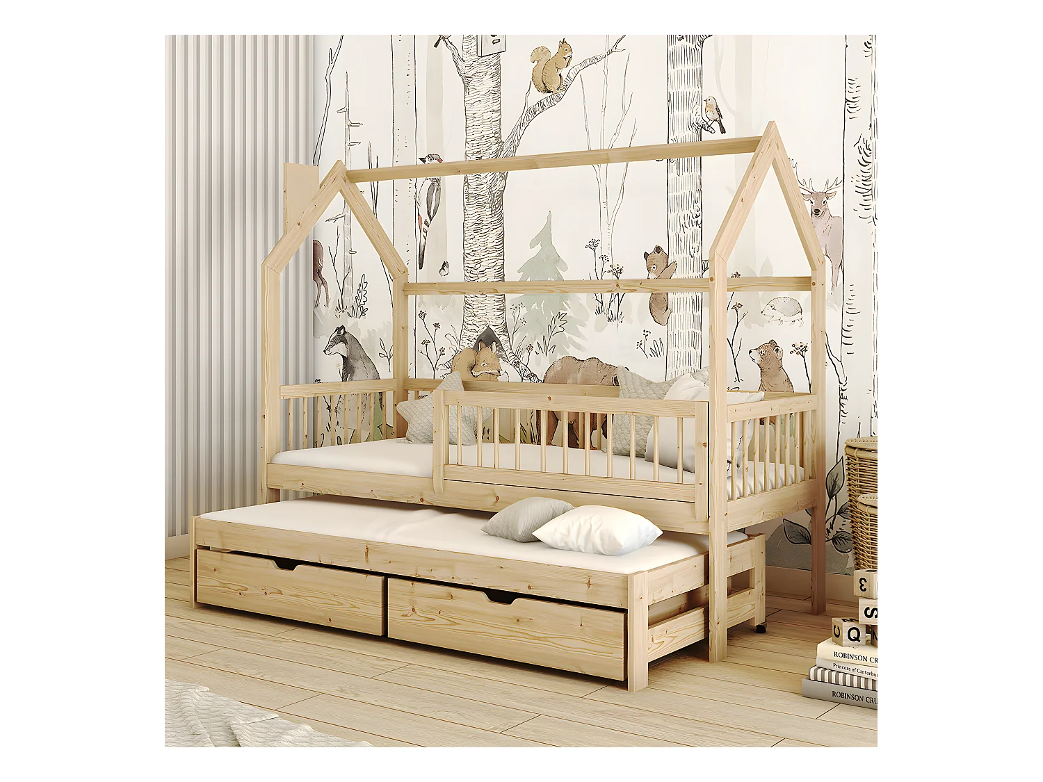 Lit cabane 90x190 sommiers lit gigogne et tiroirs Lino Bois