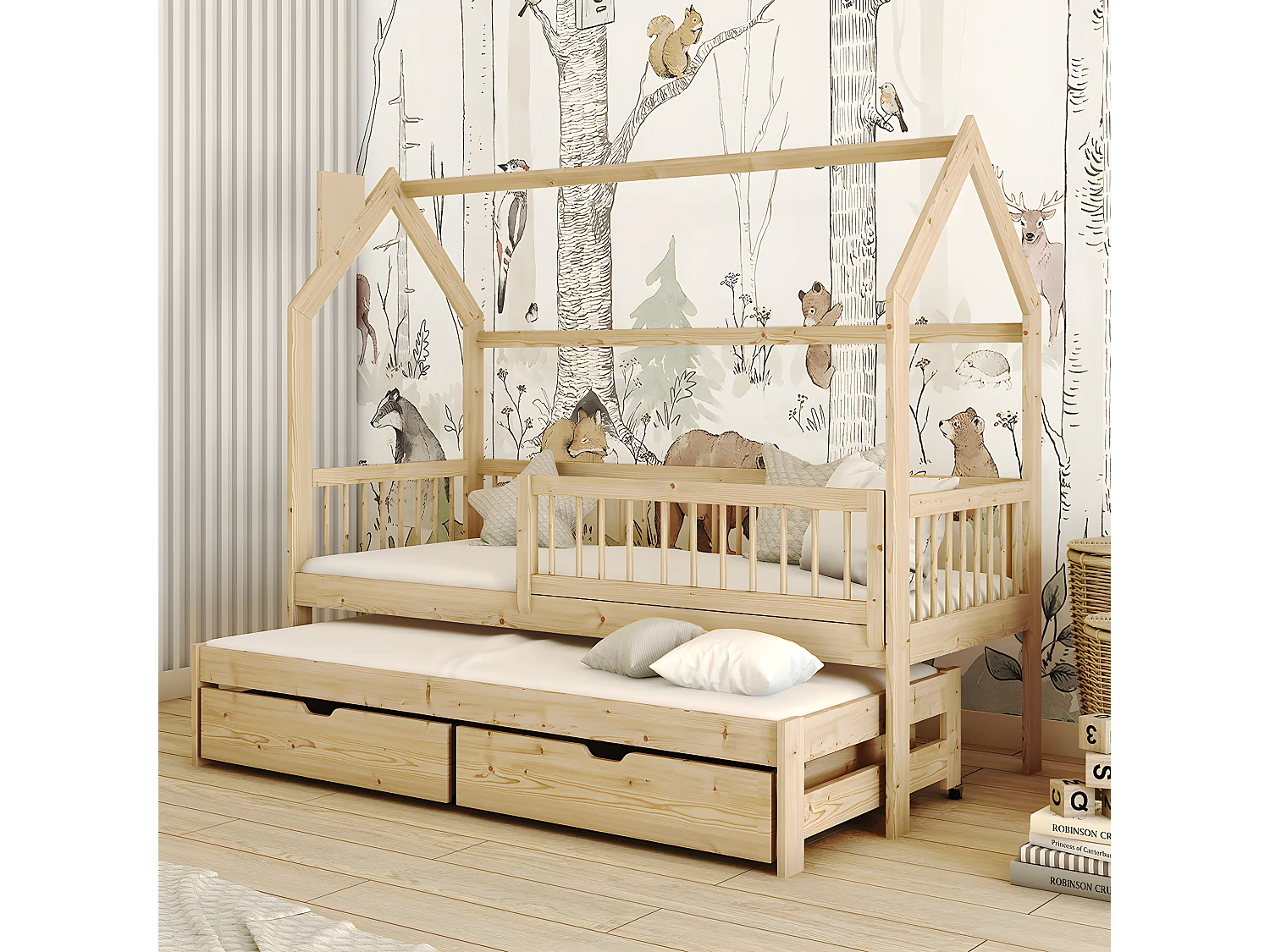 Lit cabane 90x190 sommiers lit gigogne et tiroirs Lino Bois