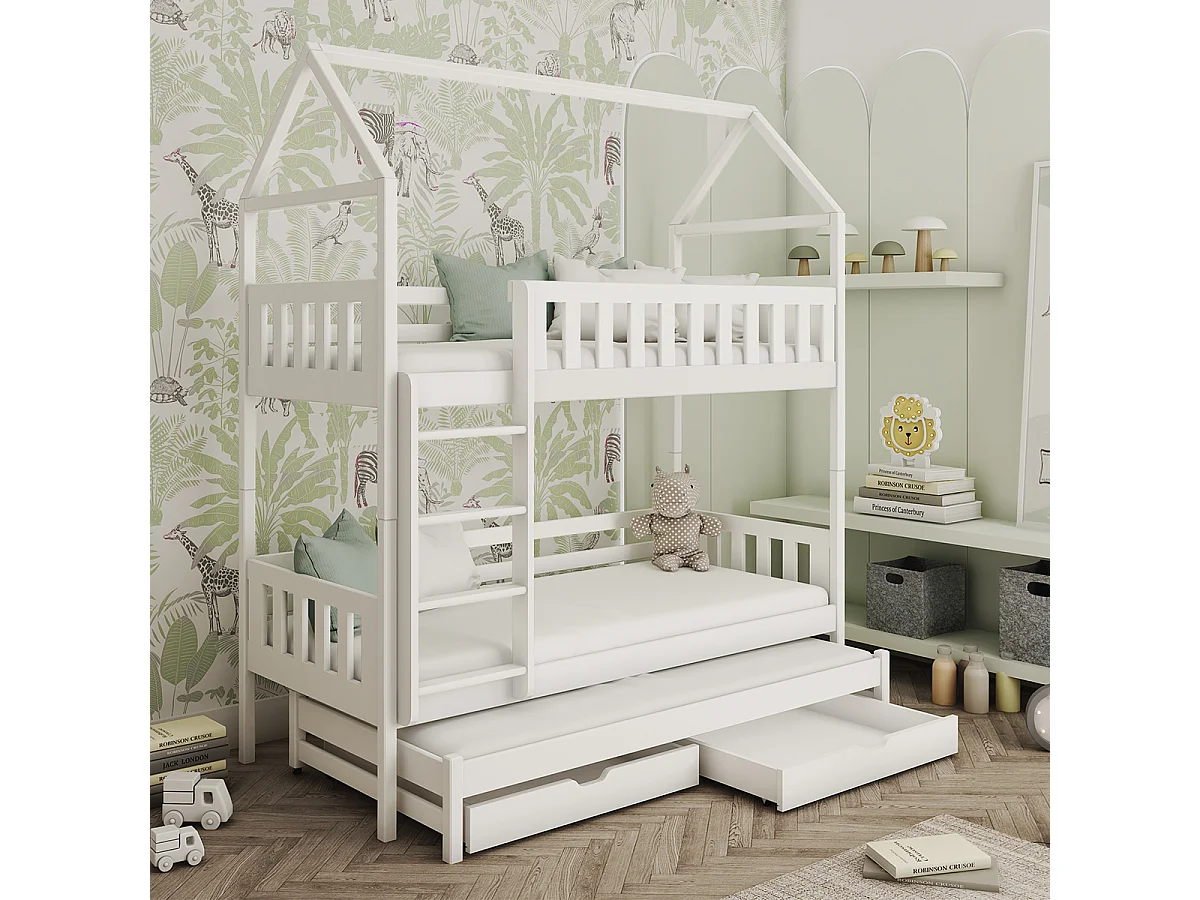 Lit cabane superposé 90x200 sommiers lit gigogne et tiroirs Jeremy Blanc