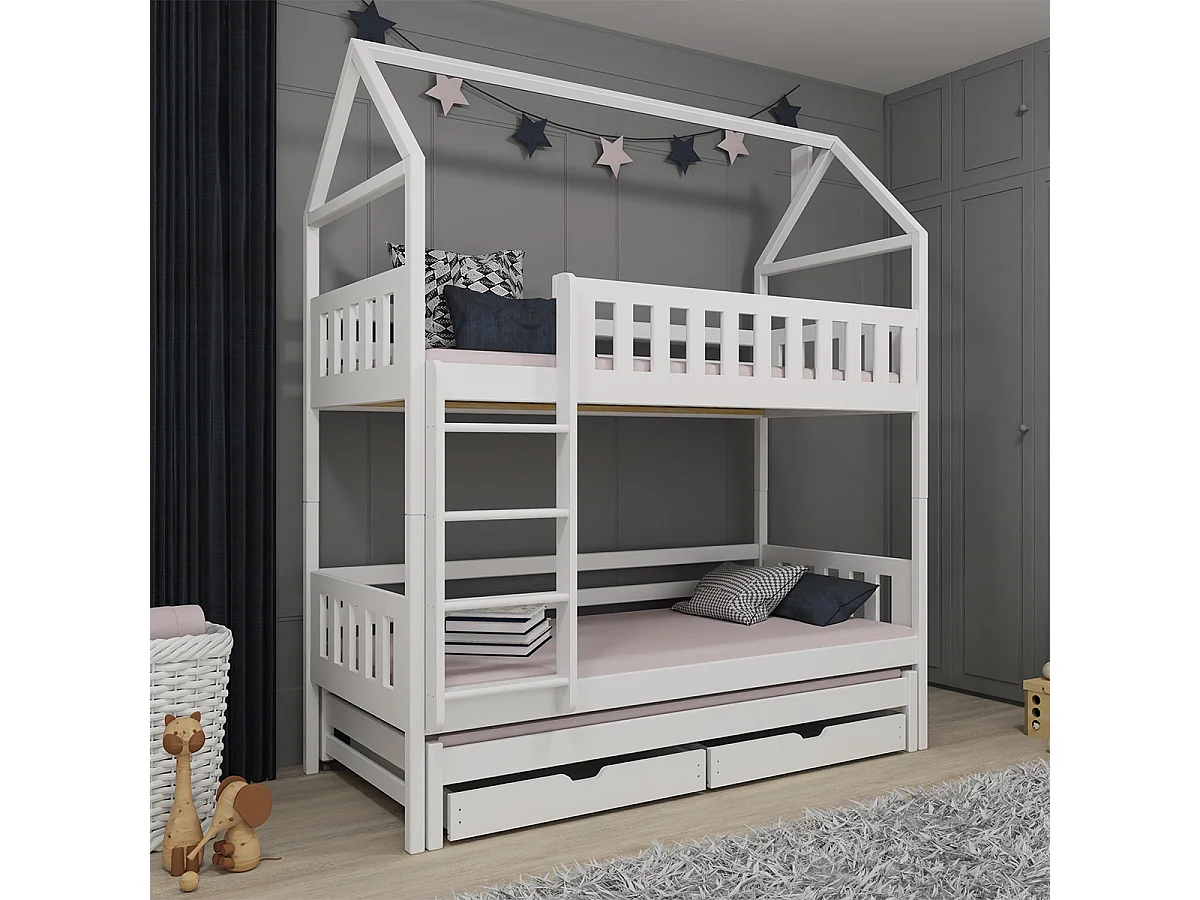 Lit cabane superposé 90x200 sommiers lit gigogne et tiroirs Jeremy Blanc
