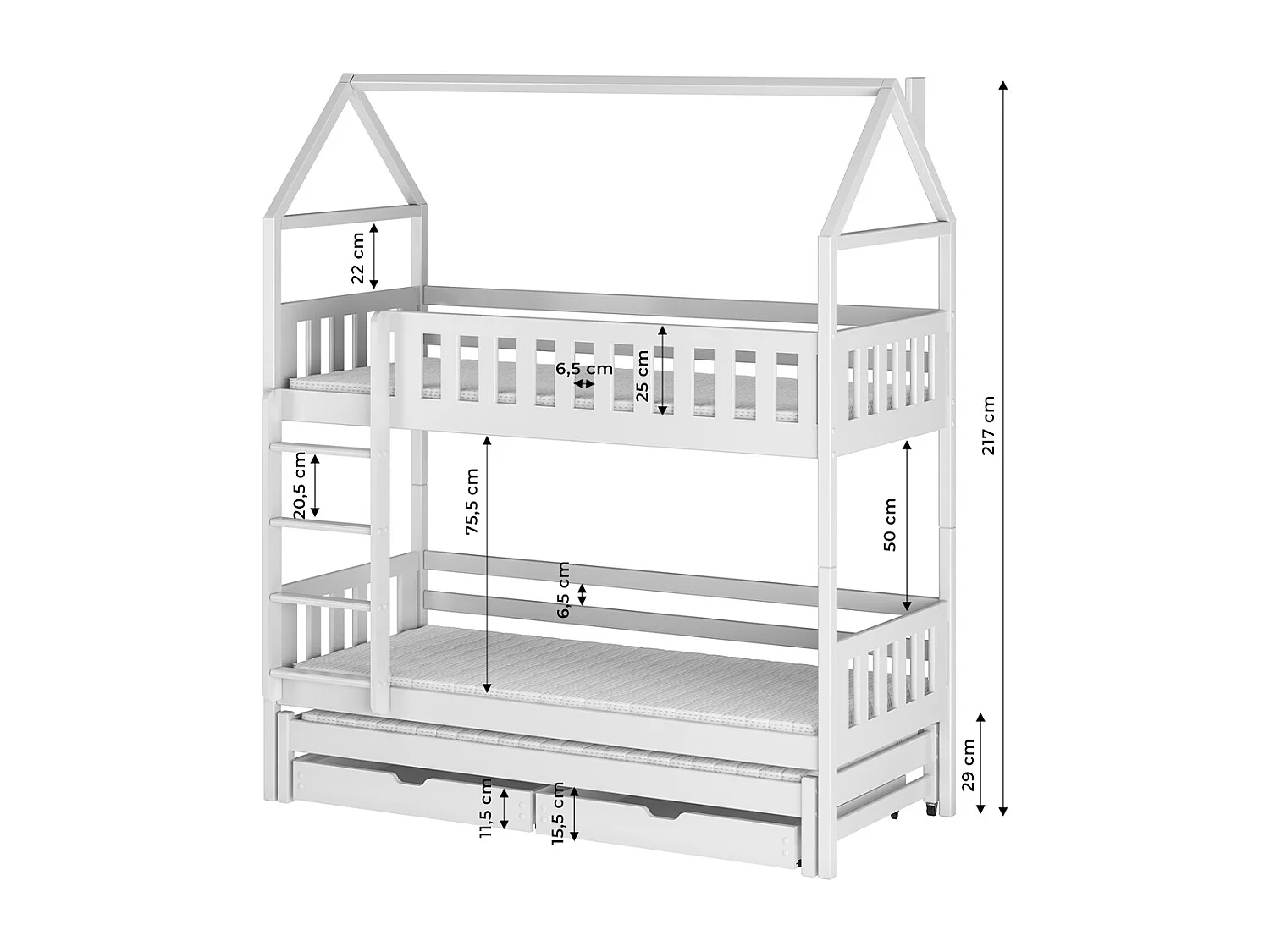 Lit cabane superposé 90x190 sommiers lit gigogne et tiroirs Jeremy Blanc