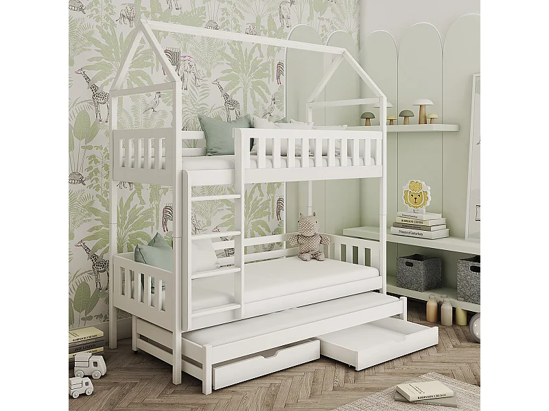 Lit cabane superposé 90x190 sommiers lit gigogne et tiroirs Jeremy Blanc