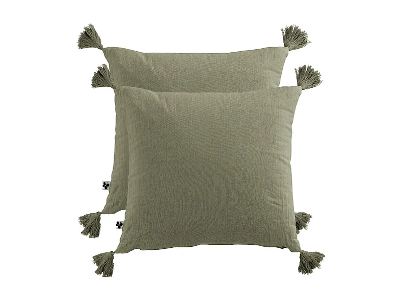 Lot de 2 coussins 40x40 double gaze de coton vert avec pompons - PEPA