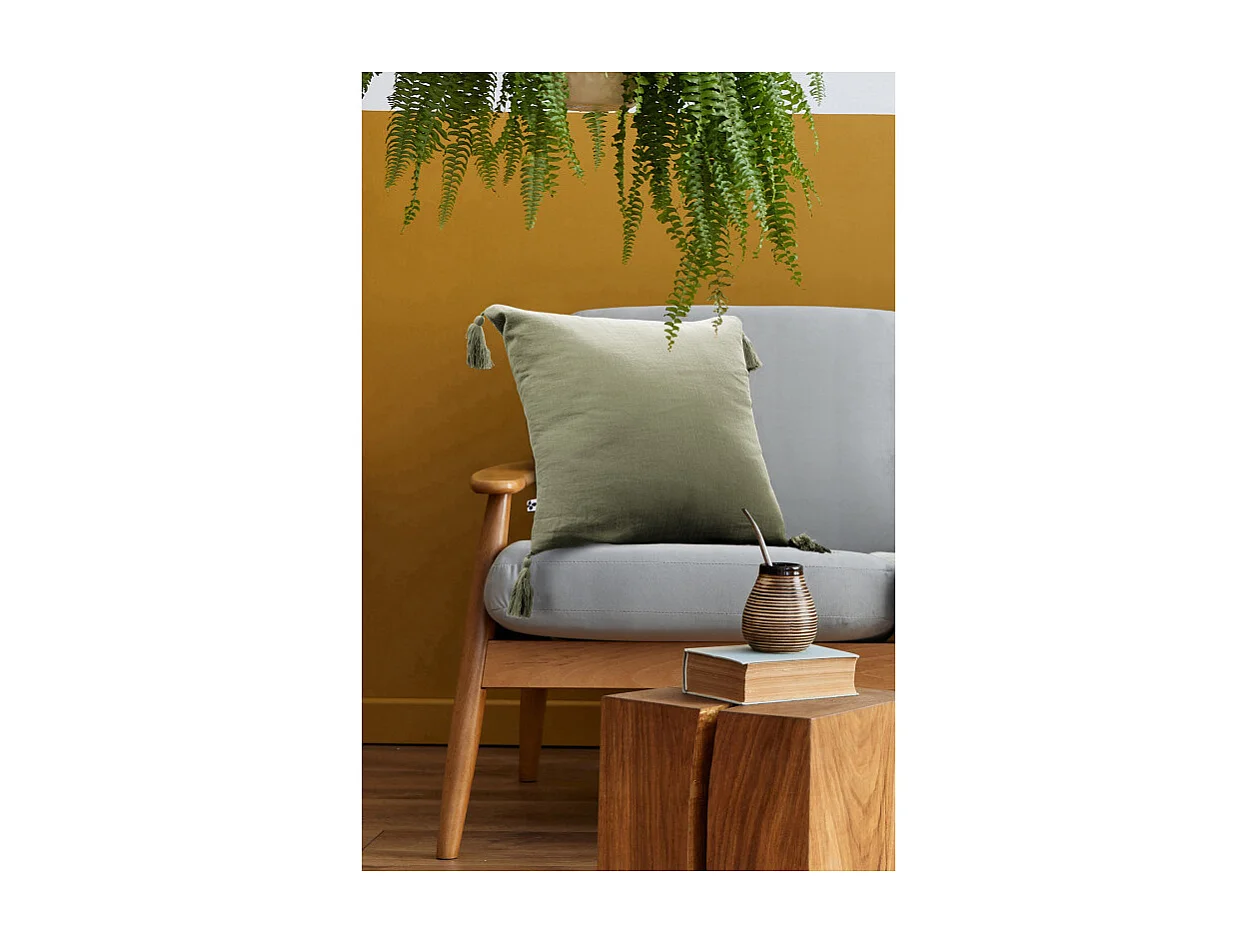 Lot de 2 coussins 40x40 double gaze de coton vert avec pompons - PEPA