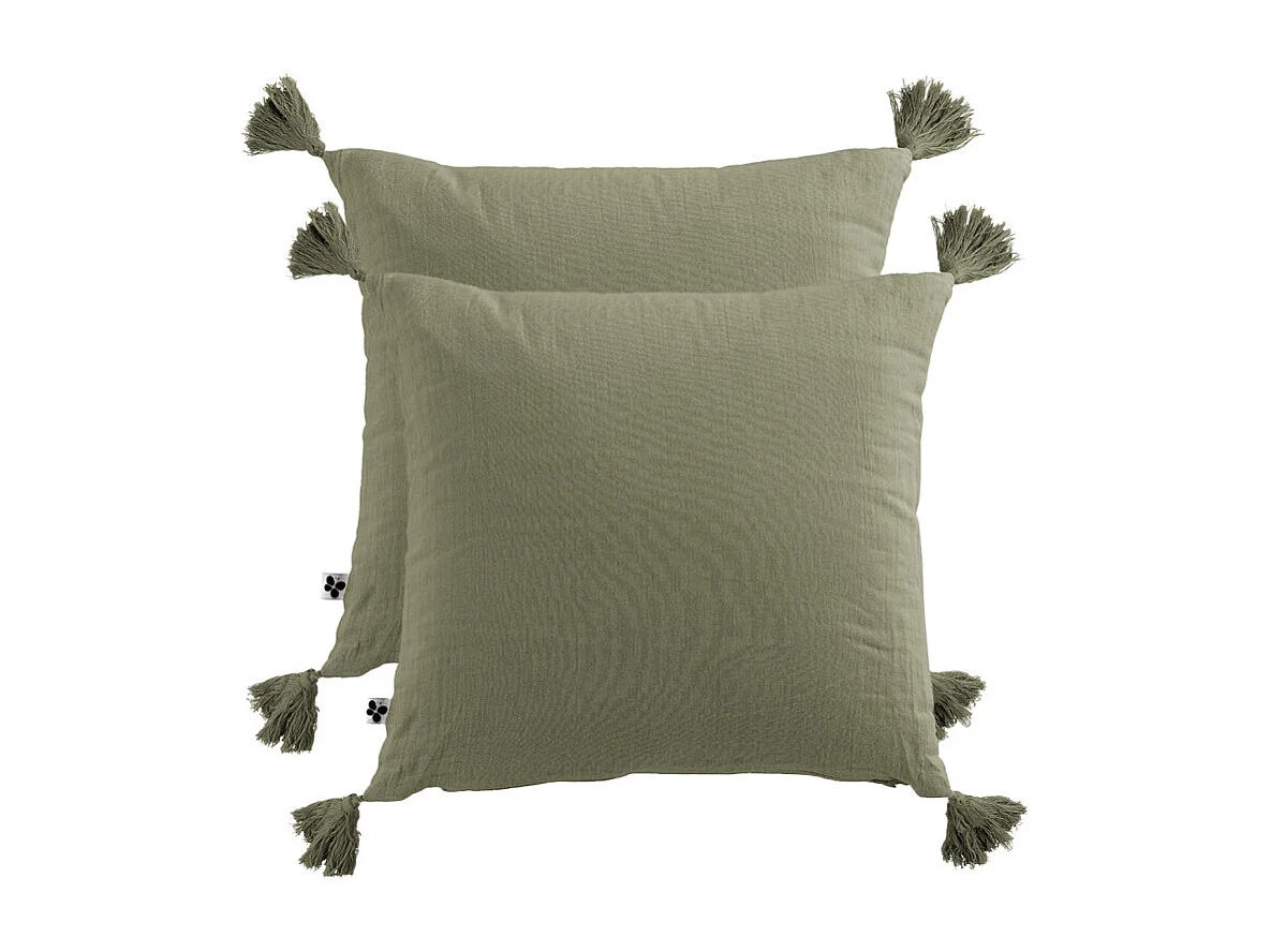 Lot de 2 coussins 40x40 double gaze de coton vert avec pompons - PEPA