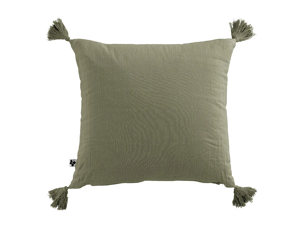 Lot de 2 coussins 40x40 double gaze de coton vert avec pompons - PEPA
