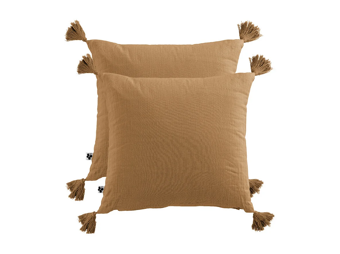 Lot de 2 coussins 40x40 double gaze de coton camel avec pompons - PEPA