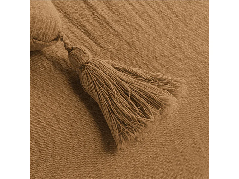 Lot de 2 coussins 40x40 double gaze de coton camel avec pompons - PEPA