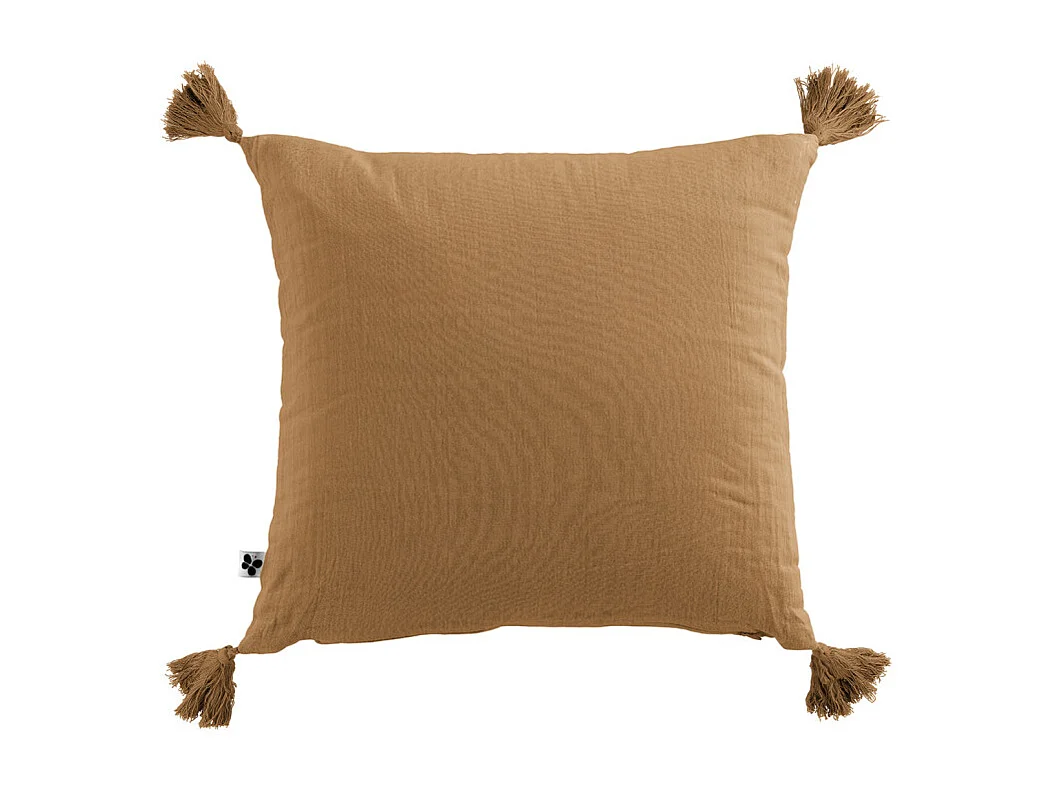 Lot de 2 coussins 40x40 double gaze de coton camel avec pompons - PEPA