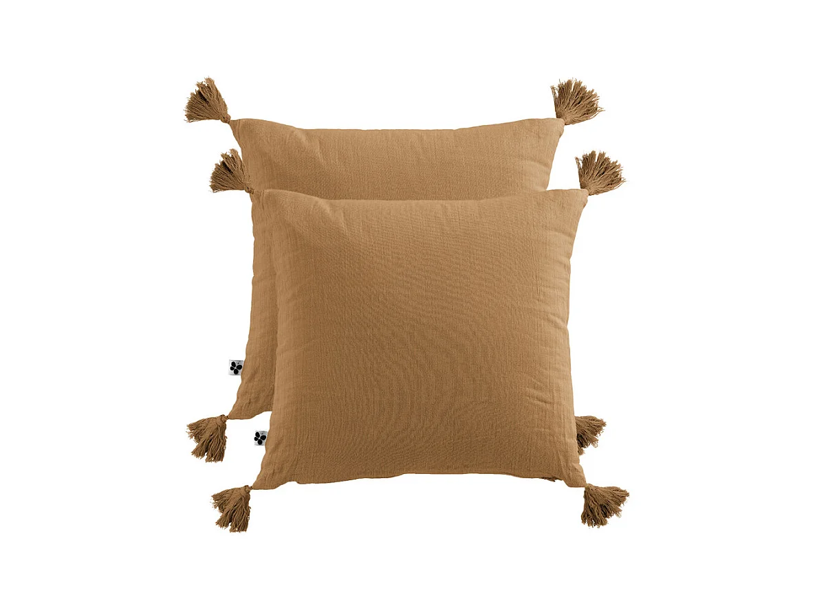 Lot de 2 coussins 40x40 double gaze de coton camel avec pompons - PEPA