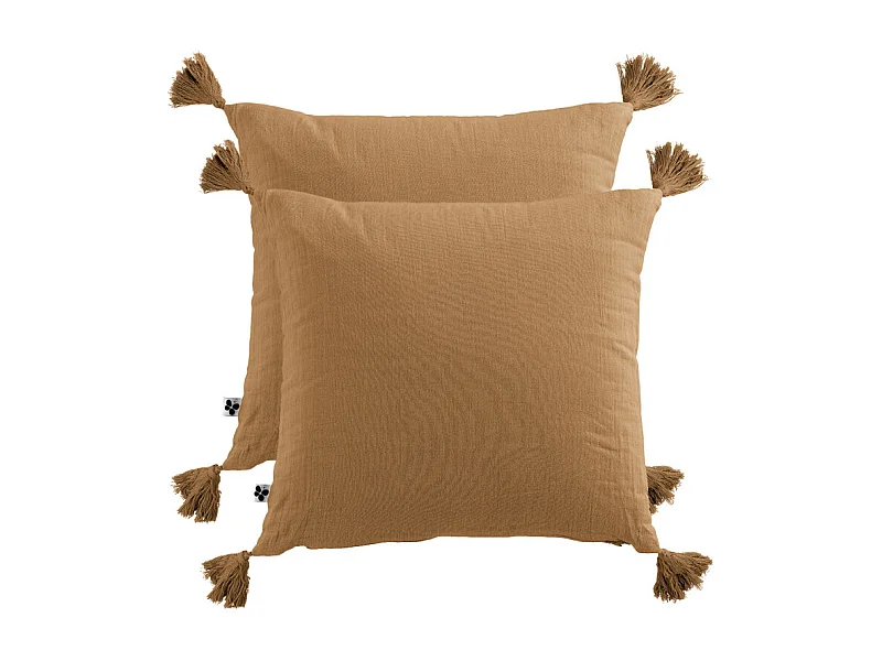 Lot de 2 coussins 40x40 double gaze de coton camel avec pompons - PEPA