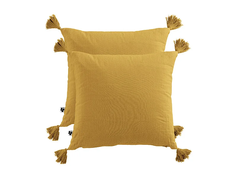 Lot de 2 coussins 40x40 double gaze de coton jaune avec pompons - PEPA