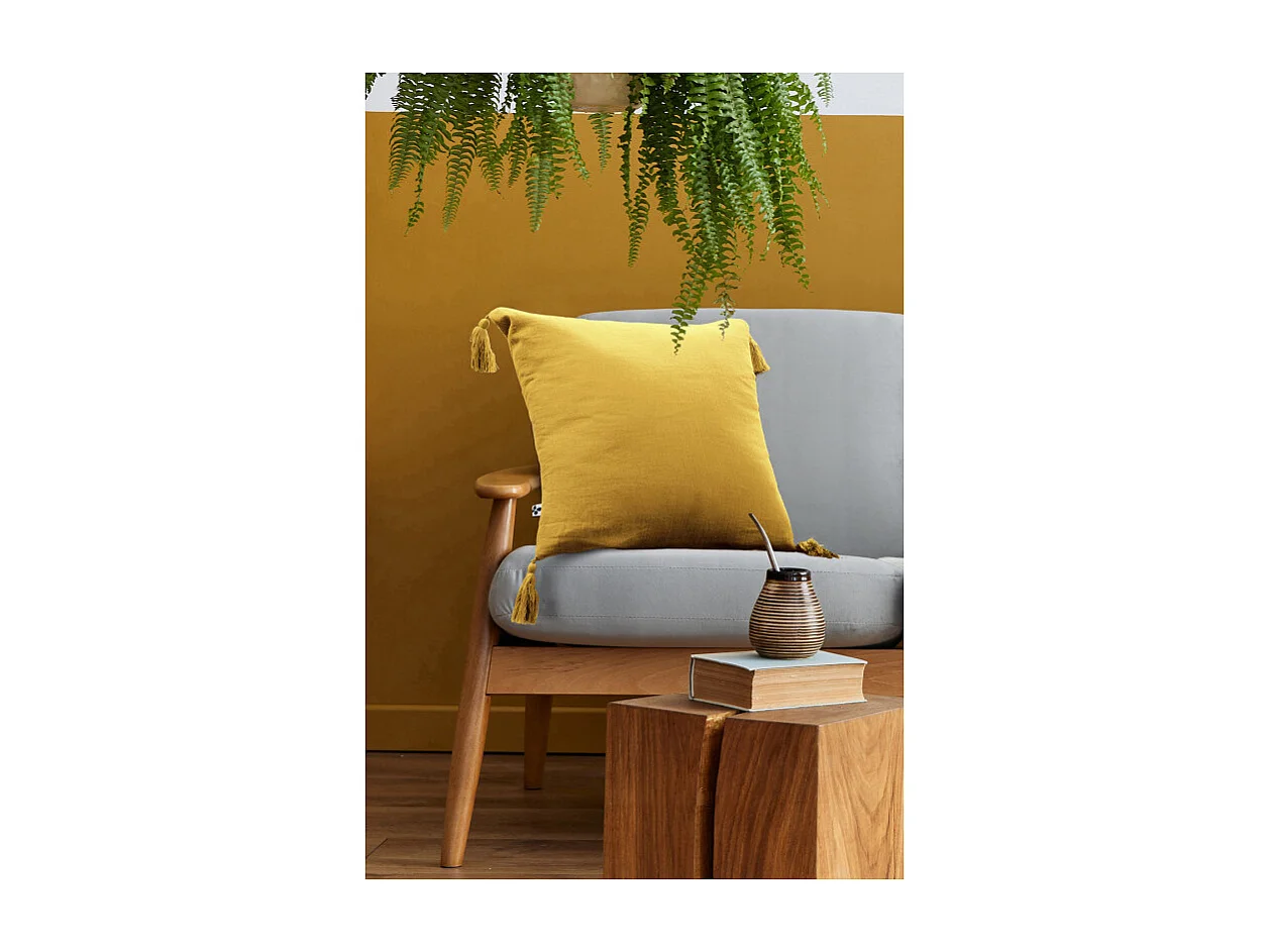 Lot de 2 coussins 40x40 double gaze de coton jaune avec pompons - PEPA