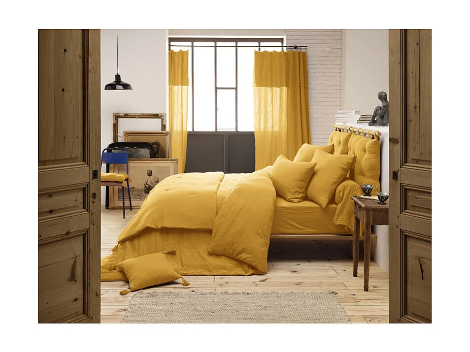 Lot de 2 coussins 40x40 double gaze de coton jaune avec pompons - PEPA