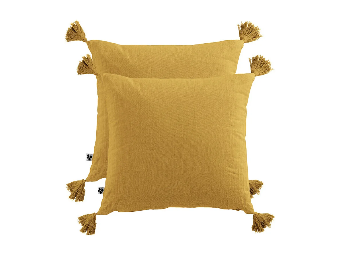 Lot de 2 coussins 40x40 double gaze de coton jaune avec pompons - PEPA