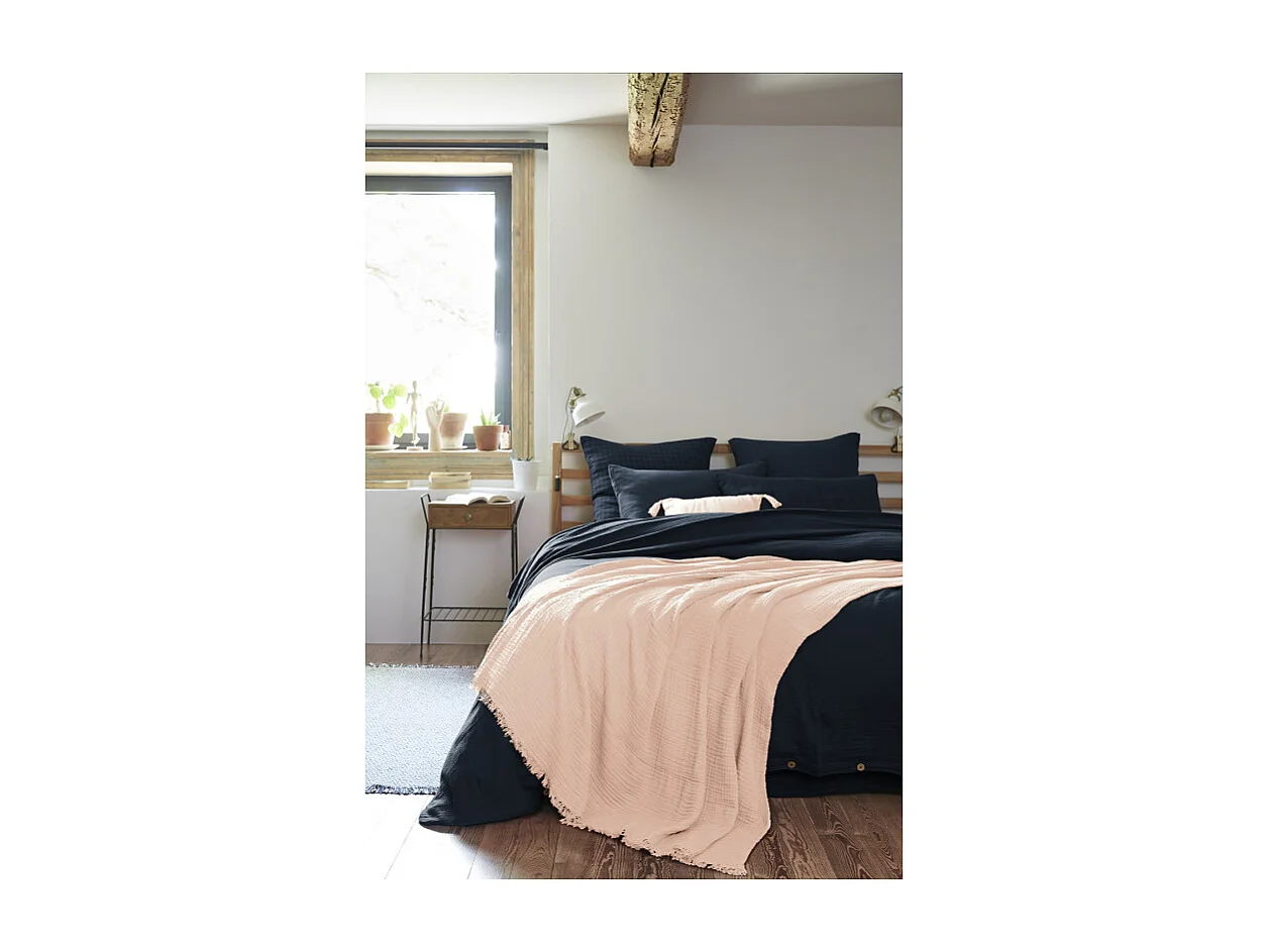 Lot de 2 coussins 40x40 double gaze de coton rose avec pompons - PEPA