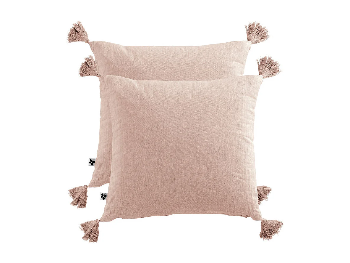 Lot de 2 coussins 40x40 double gaze de coton rose avec pompons - PEPA