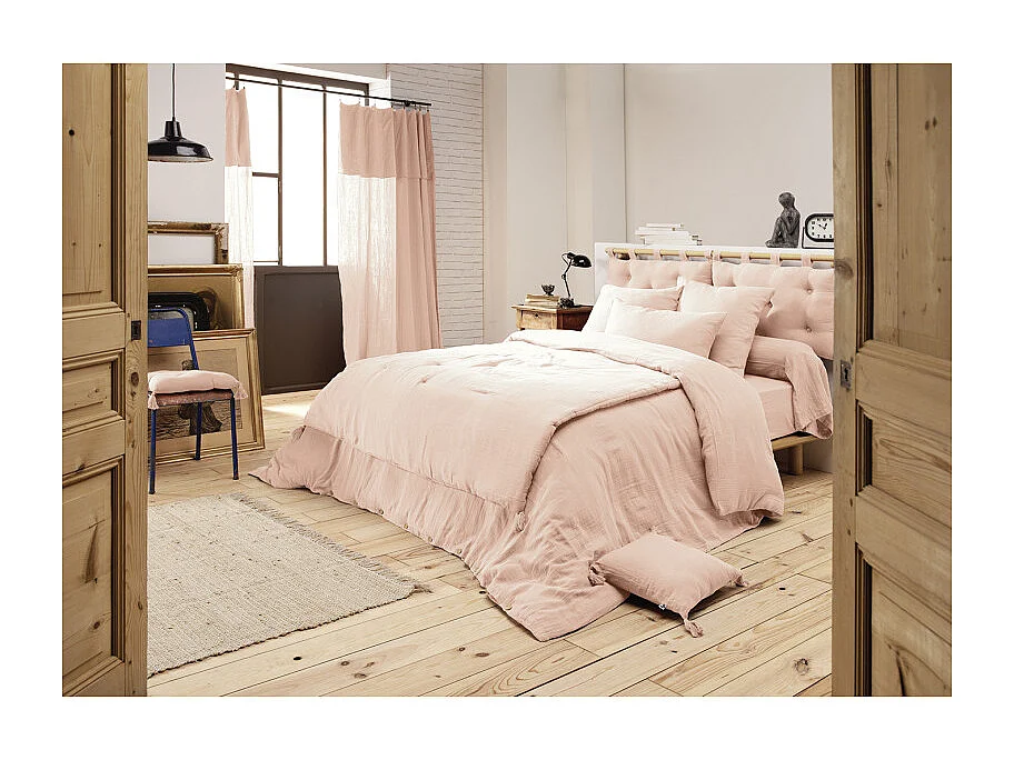 Lot de 2 coussins 40x40 double gaze de coton rose avec pompons - PEPA