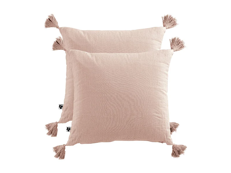 Lot de 2 coussins 40x40 double gaze de coton rose avec pompons - PEPA