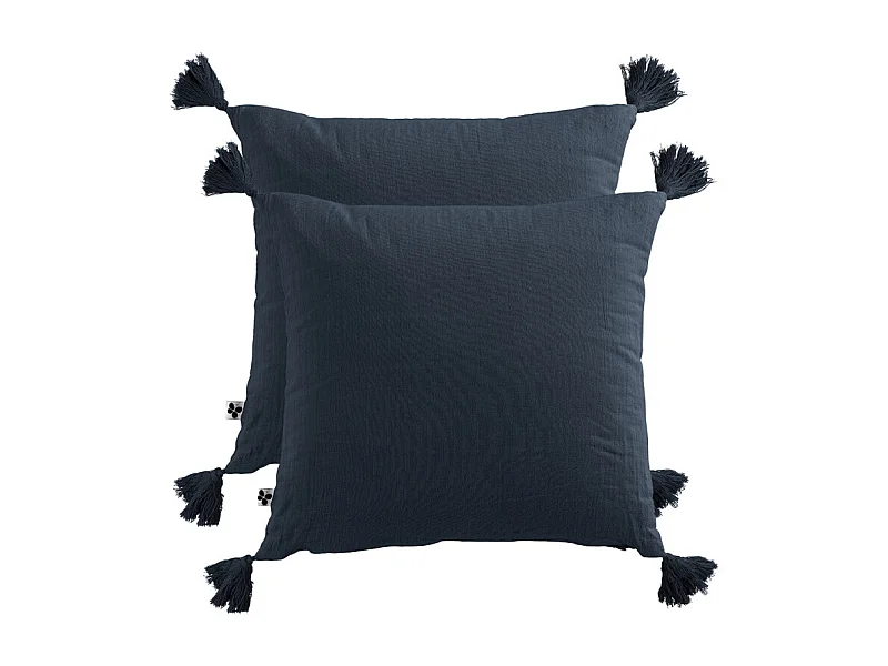 Lot de 2 coussins double gaze de coton bleu nuit avec pompons - PEPA