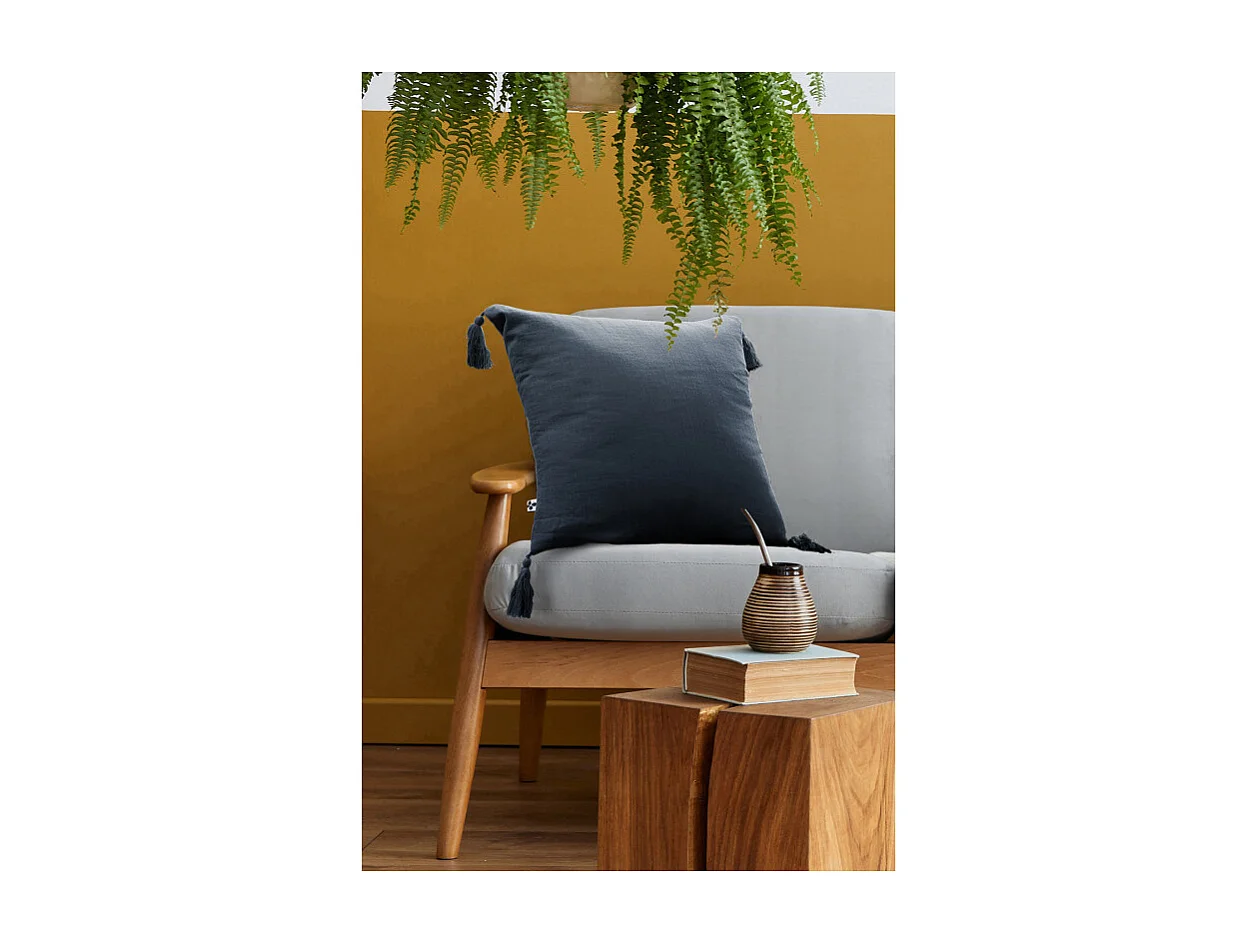 Lot de 2 coussins double gaze de coton bleu nuit avec pompons - PEPA