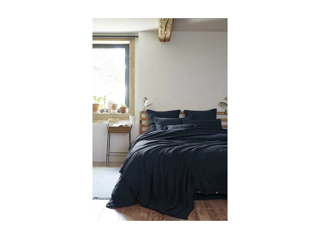 Lot de 2 coussins double gaze de coton bleu nuit avec pompons - PEPA