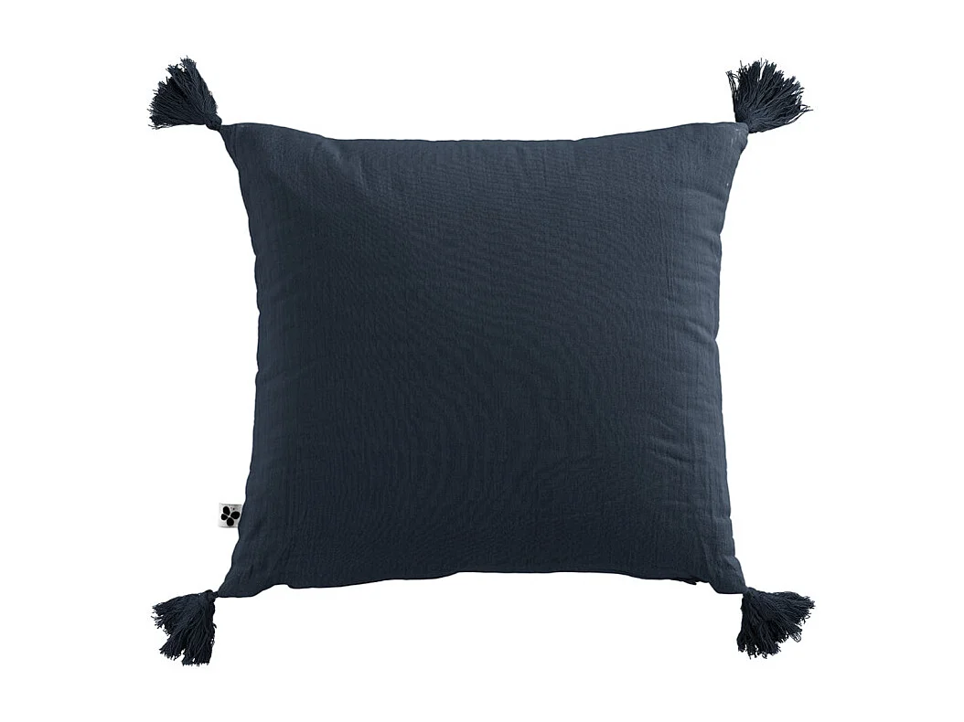 Lot de 2 coussins double gaze de coton bleu nuit avec pompons - PEPA