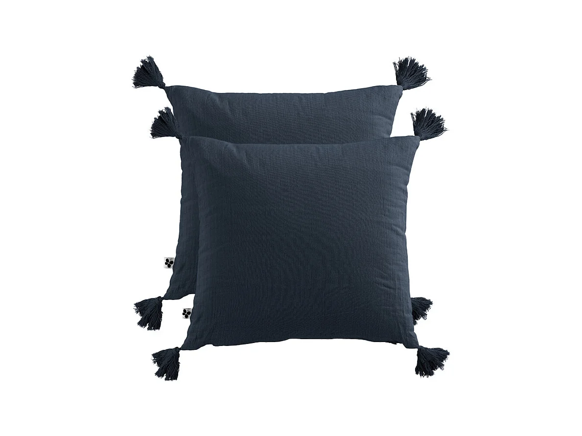 Lot de 2 coussins double gaze de coton bleu nuit avec pompons - PEPA