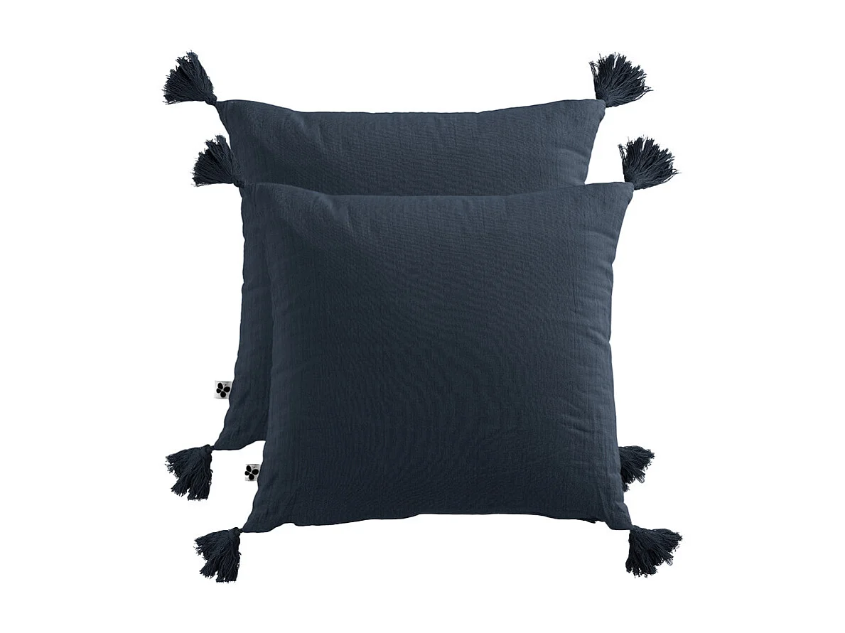 Lot de 2 coussins double gaze de coton bleu nuit avec pompons - PEPA