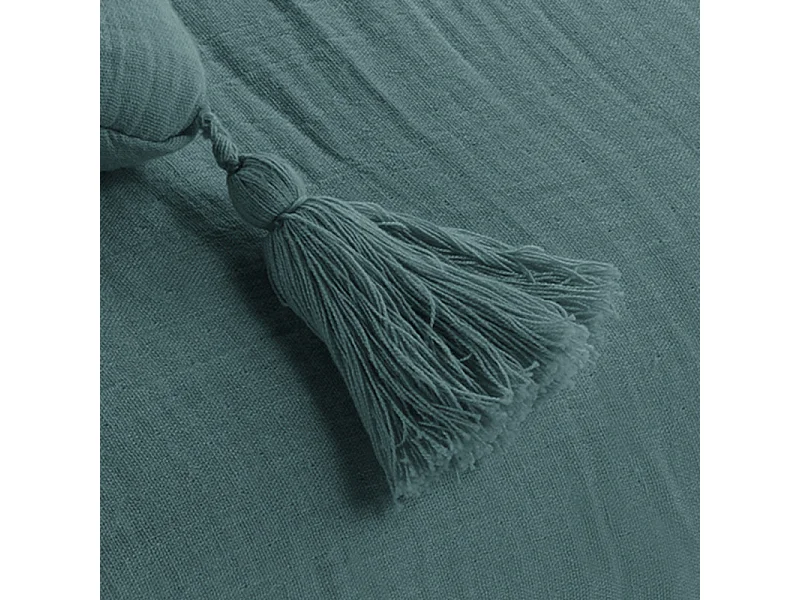 Lot de 2 coussins double gaze de coton bleu canard avec pompons - PEPA